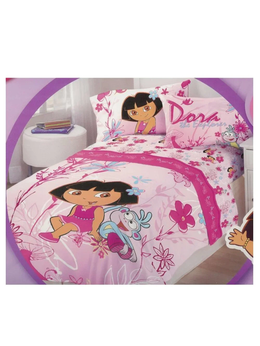 NEW~TWIN sz~Comforter+Sheet Set~Dora the Explorer boots monkey~pink COTTON RICH